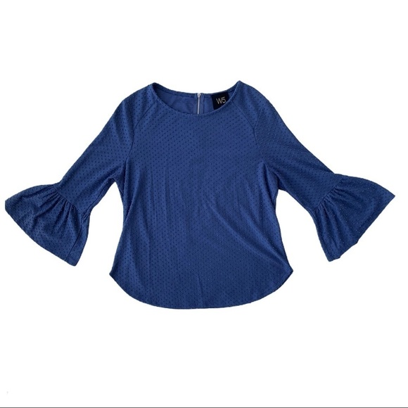 W5 Anthro Blue Swiss Dot Polkadot Textured Bell Sleeve Blouse Size Small - Picture 5 of 14